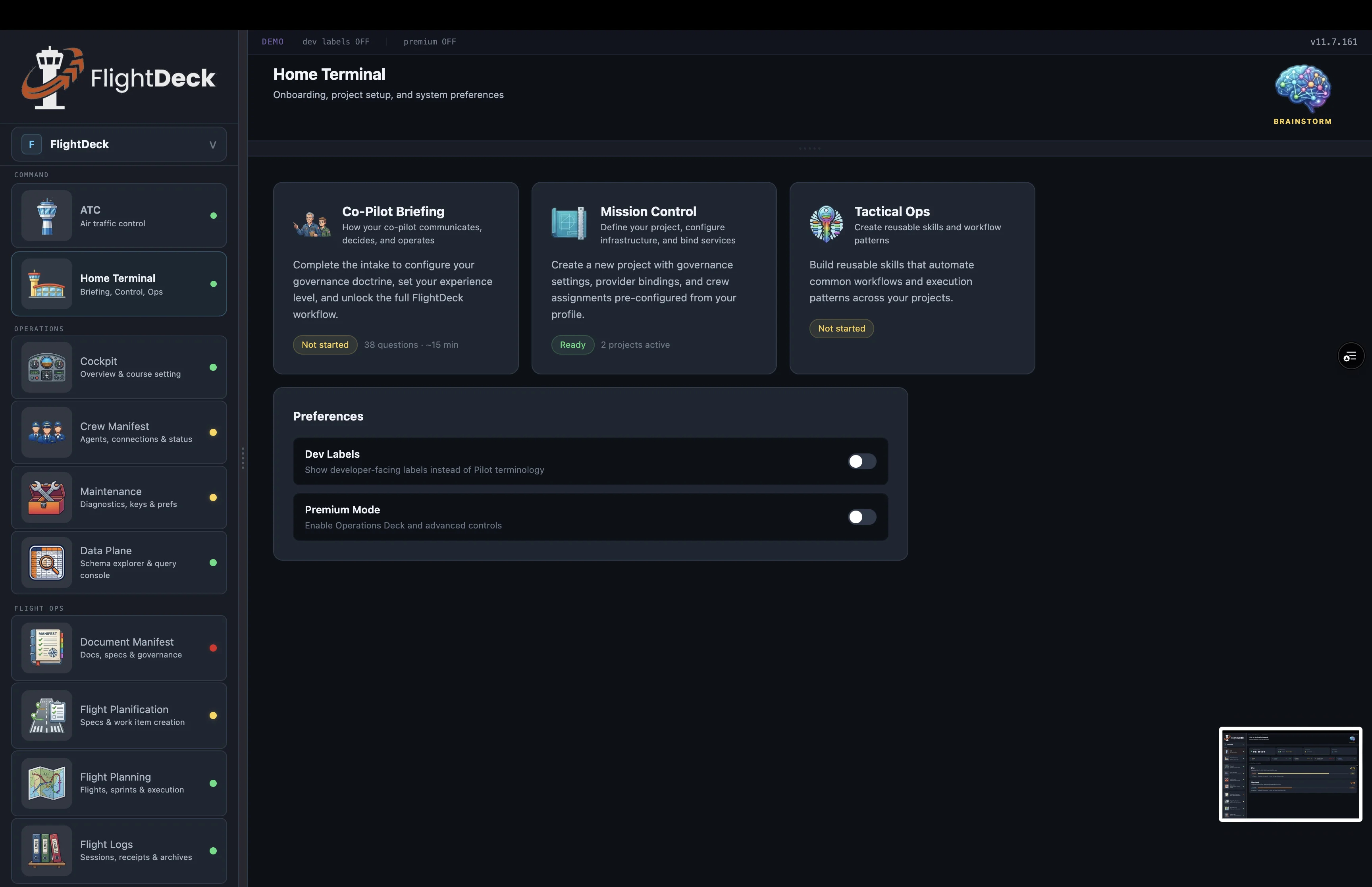 FlightDeck Home Terminal — Flight Mode and Developer Mode toggle