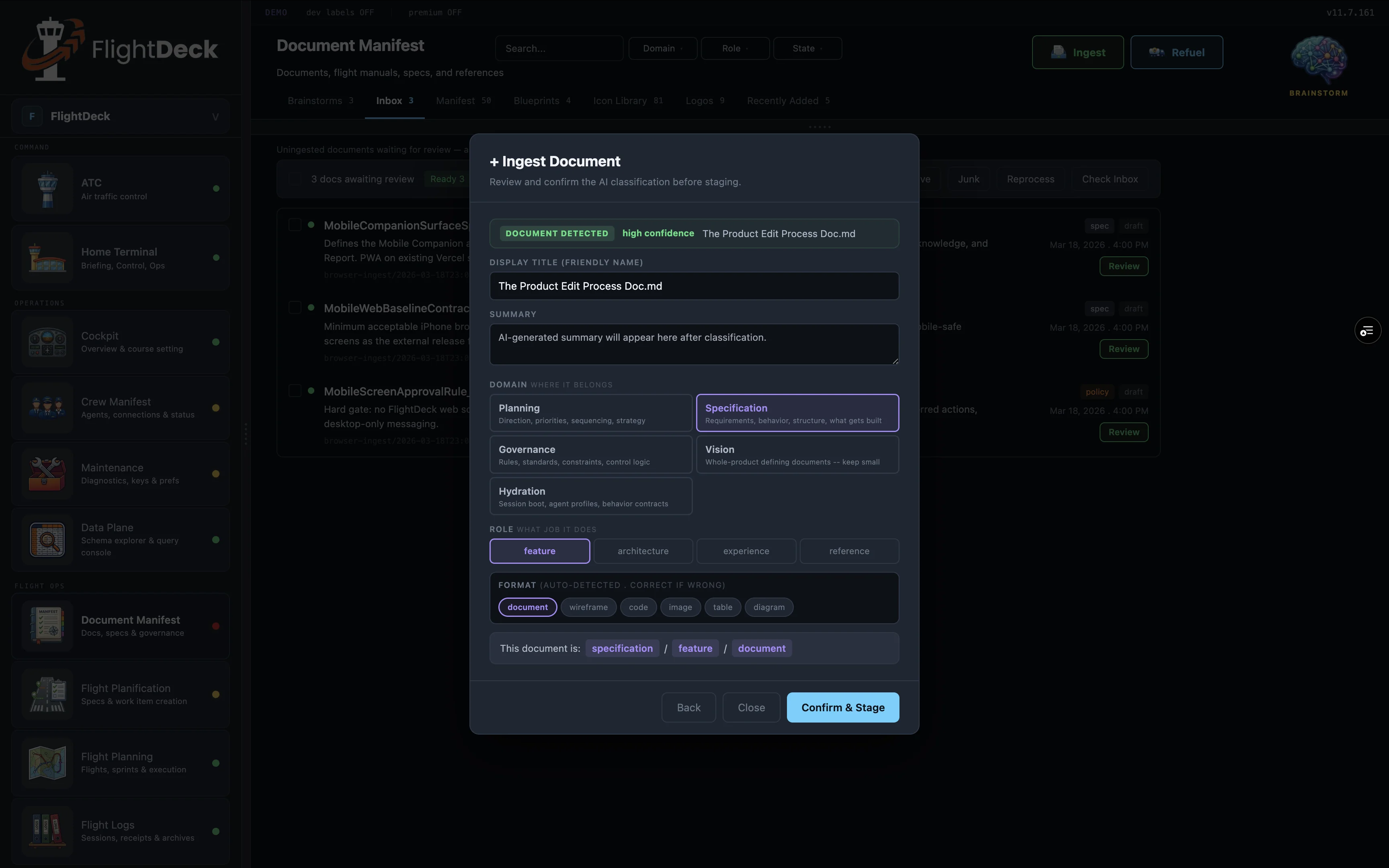 Ingest modal — AI classification, high confidence badge